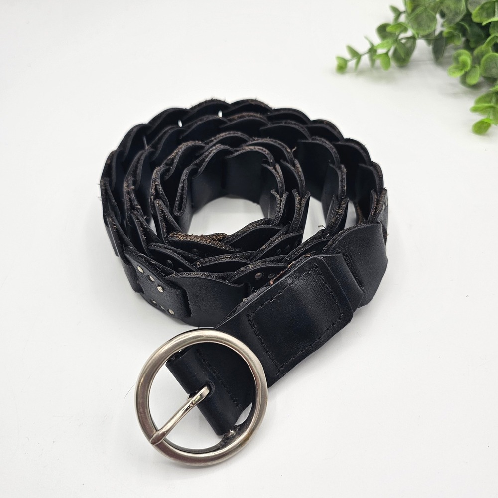 Leather Belt Braided Studded Round Buckle Genuine‎ Leather Black Women 44" Biker